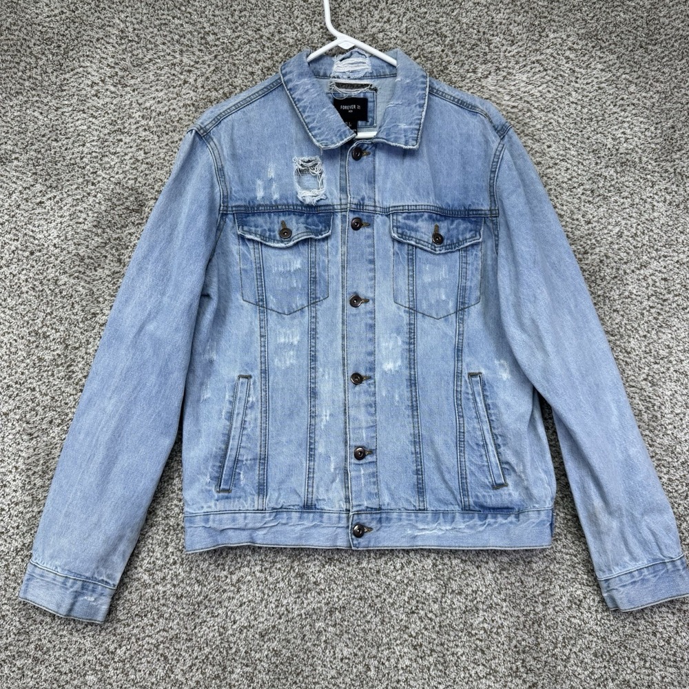 Forever 21 Denim Jacket Men's Size Large Blue Jean Coat Distressed Preppy Cotton